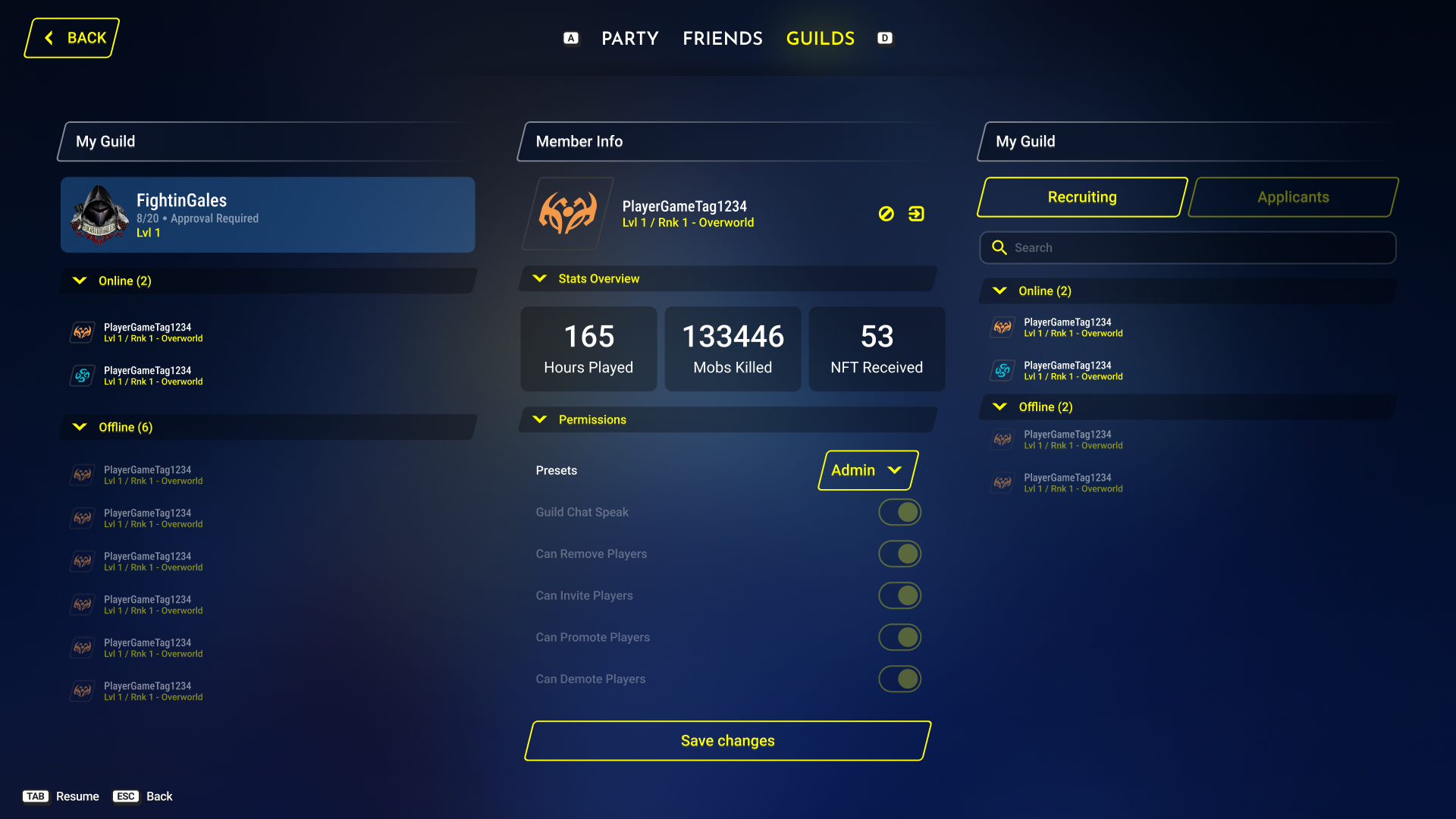 Guild management screen with member list and permission toggles