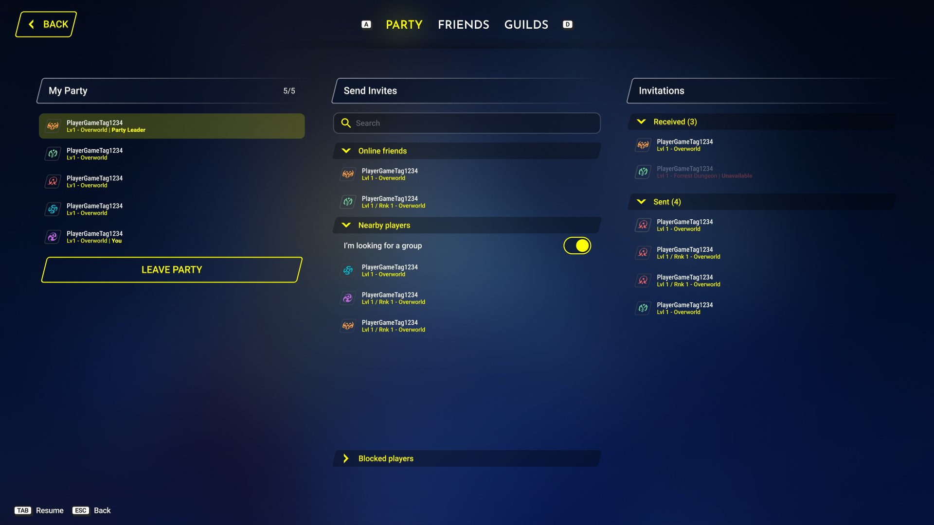 Party screen showing current party, invite search, and pending invitations