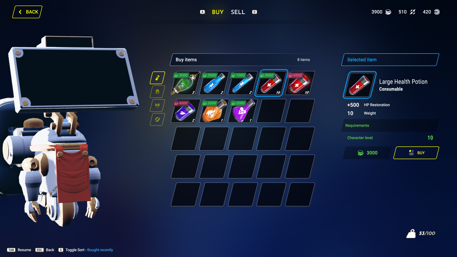Vendor buy screen with consumables grid and selected item panel