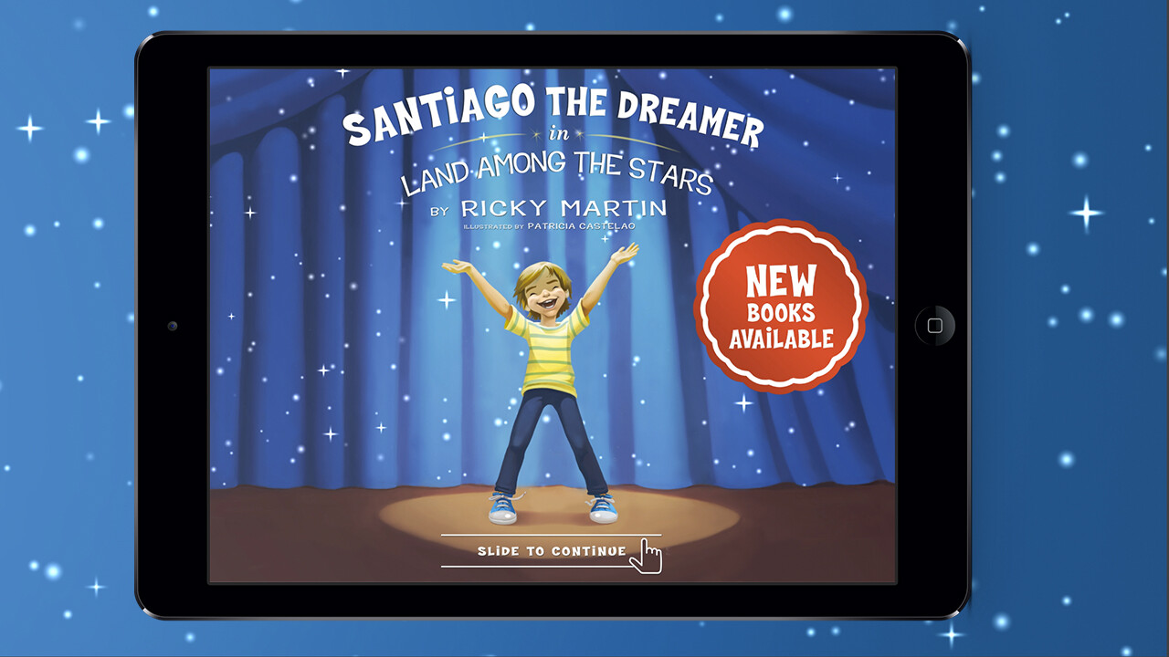 iPad cover screen with Santiago on stage, the book title, and a Slide to continue prompt