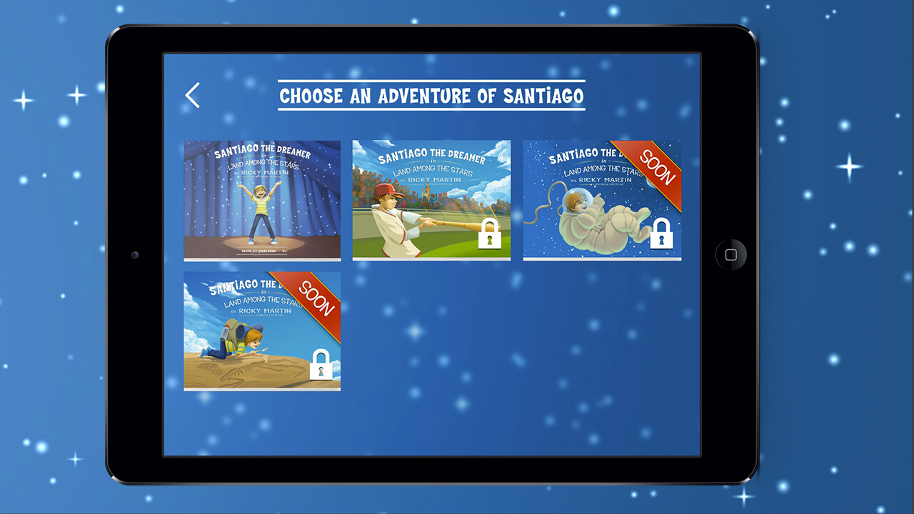Book selection screen with four Santiago adventures, three marked Soon and locked