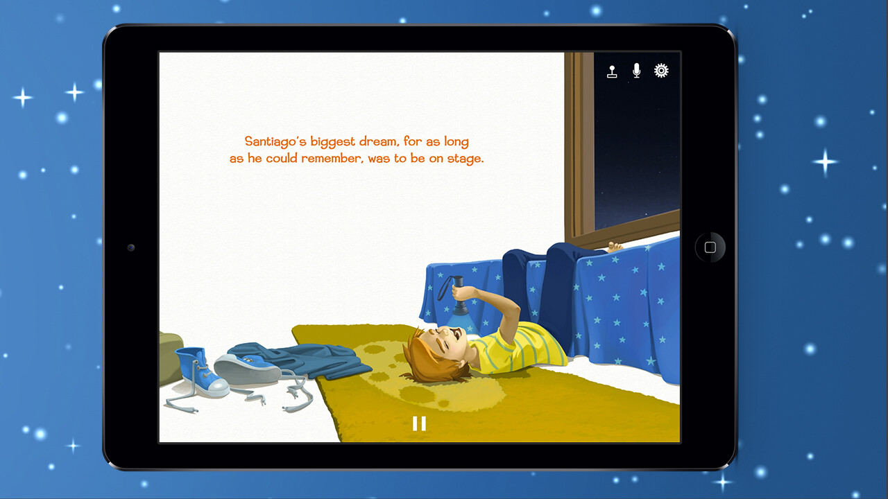 Santiago lying in bed at night as narration reads that his biggest dream was to be on stage