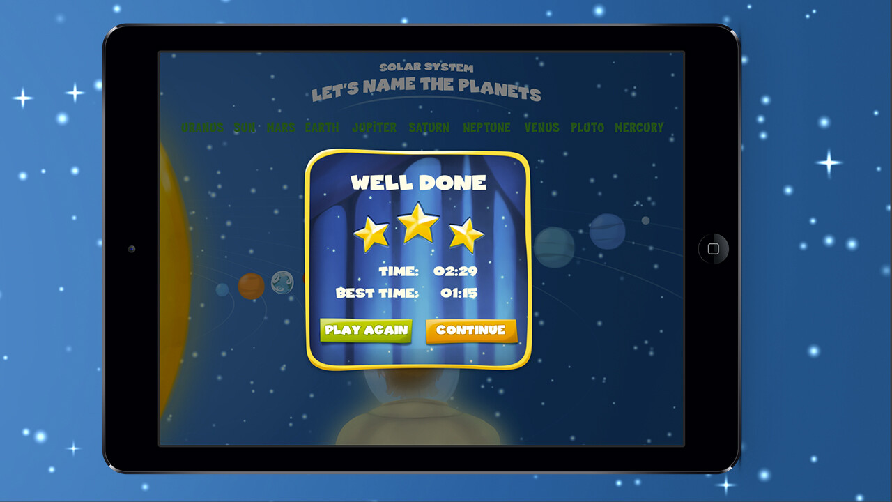 Well Done results screen with three stars and completion time