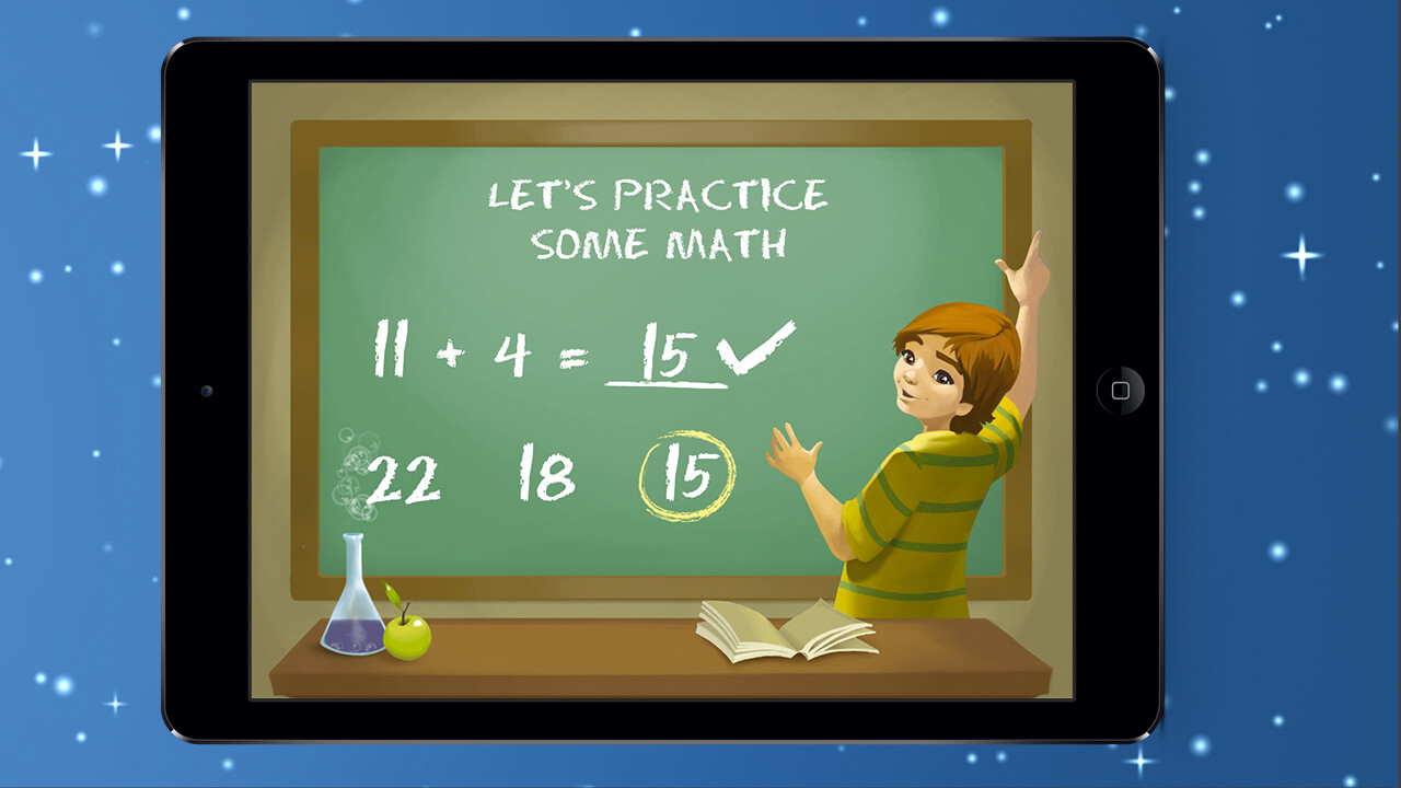 Let's Practice Some Math minigame with an addition problem and three multiple-choice answers