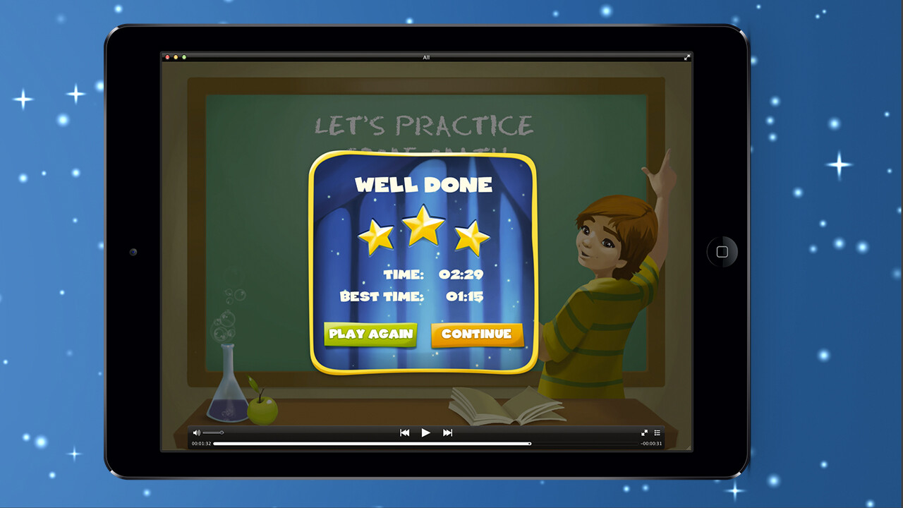 Well Done results screen for the math minigame with three stars and completion time