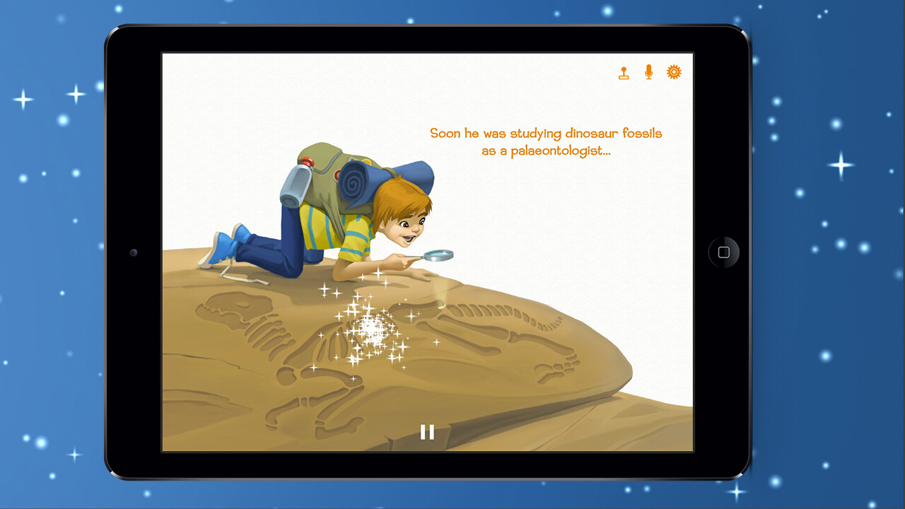 Santiago as a paleontologist examining dinosaur fossils with a magnifying glass