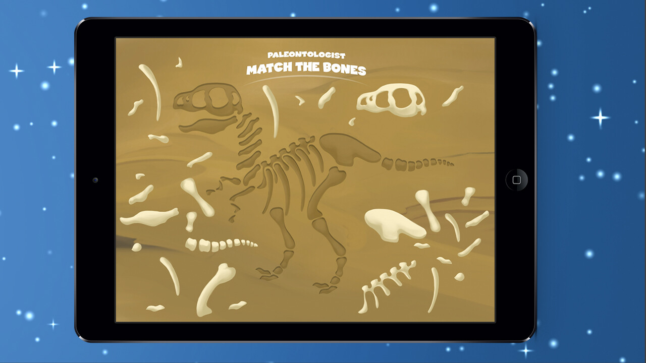 Match the Bones minigame with scattered dinosaur bone pieces to be matched into a skeleton outline
