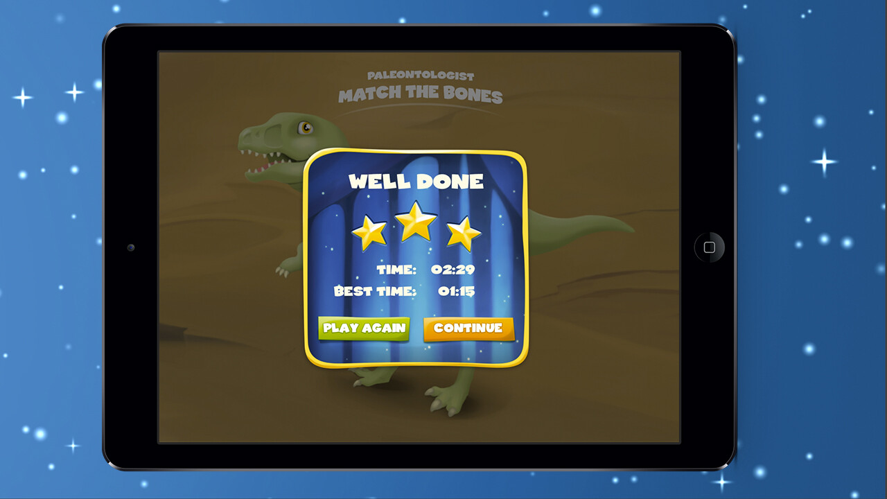 Well Done results screen for the paleontologist minigame with three stars and completion time