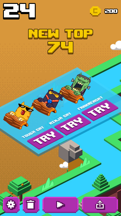 Final character-select screen with Tough Cat, Ninja Cat, and Frankencat, each with a TRY button and current score of 24