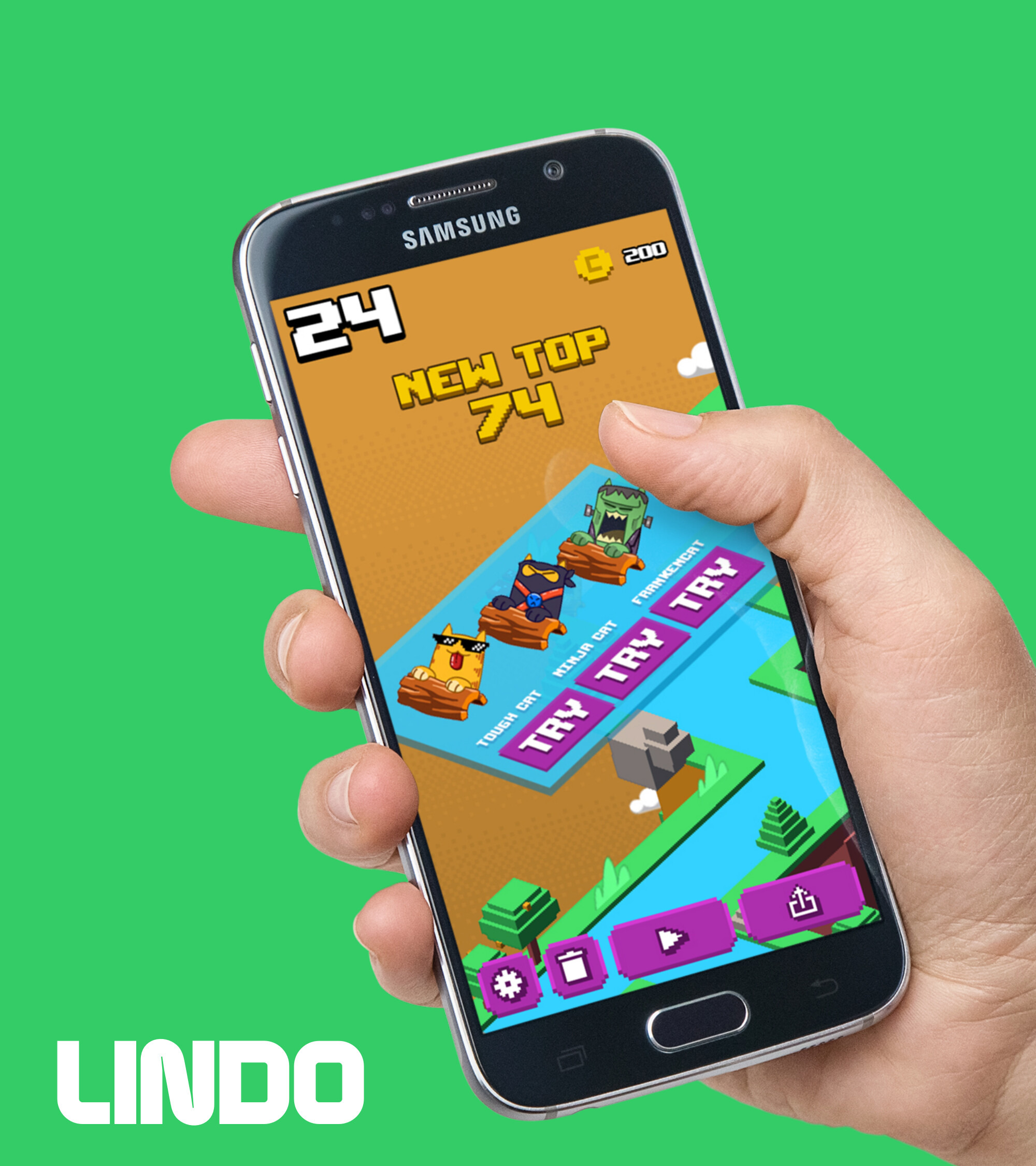 Proposed character-select screen: colorful hand holding a phone showing Tough Cat, Ninja Cat, and Frankencat with TRY buttons