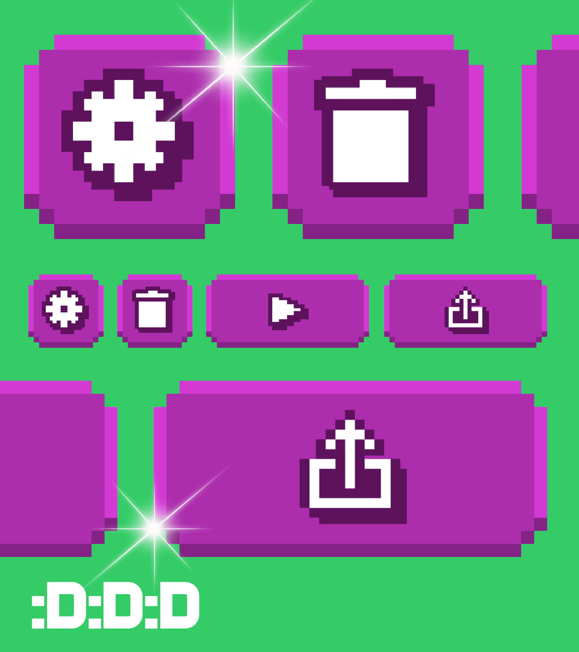 Proposed pixel-art icon set: magenta and purple buttons for settings, delete, play, and share