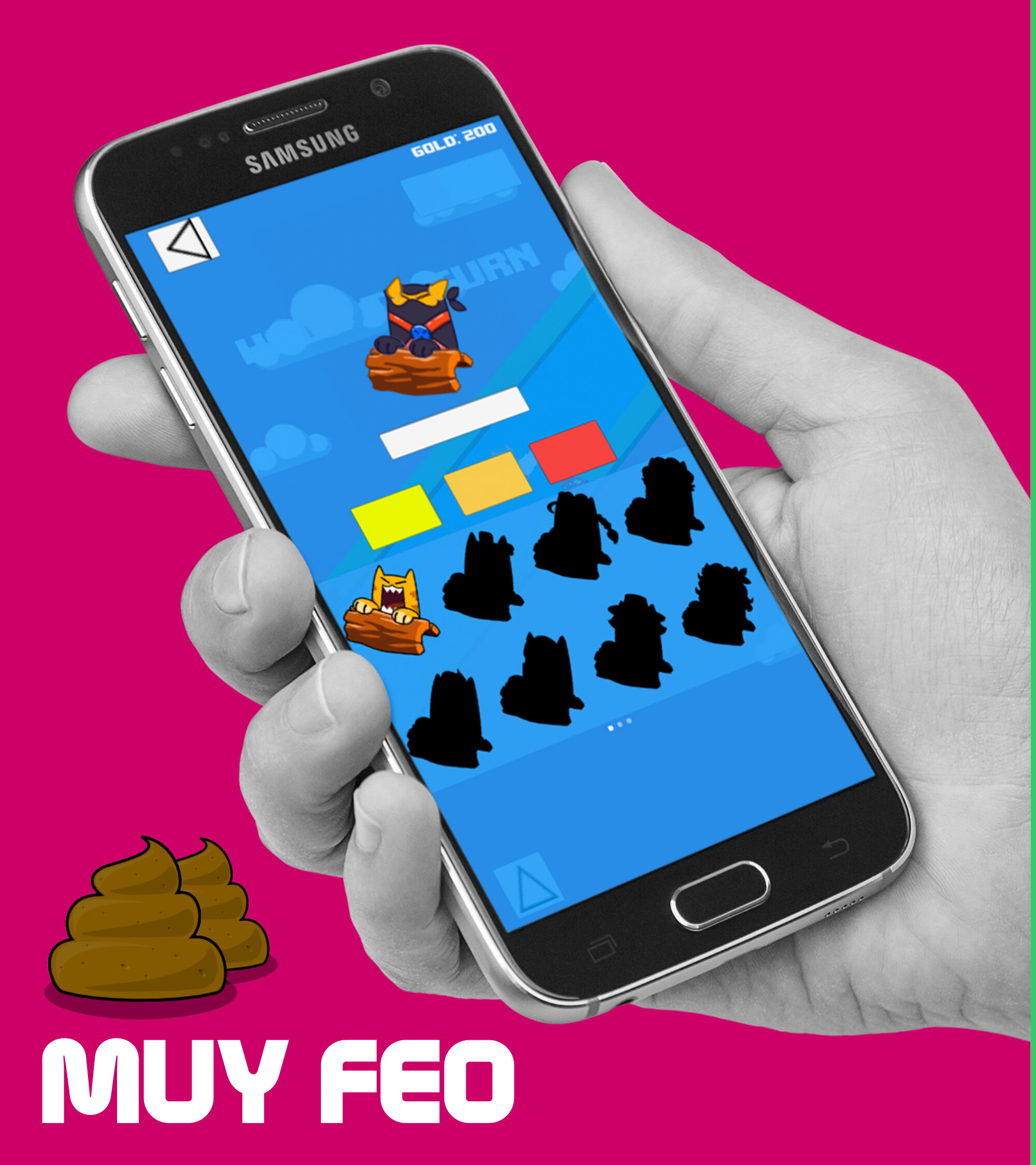 Rough baseline store screen: grayscale hand holding a phone with color swatches and locked character silhouettes