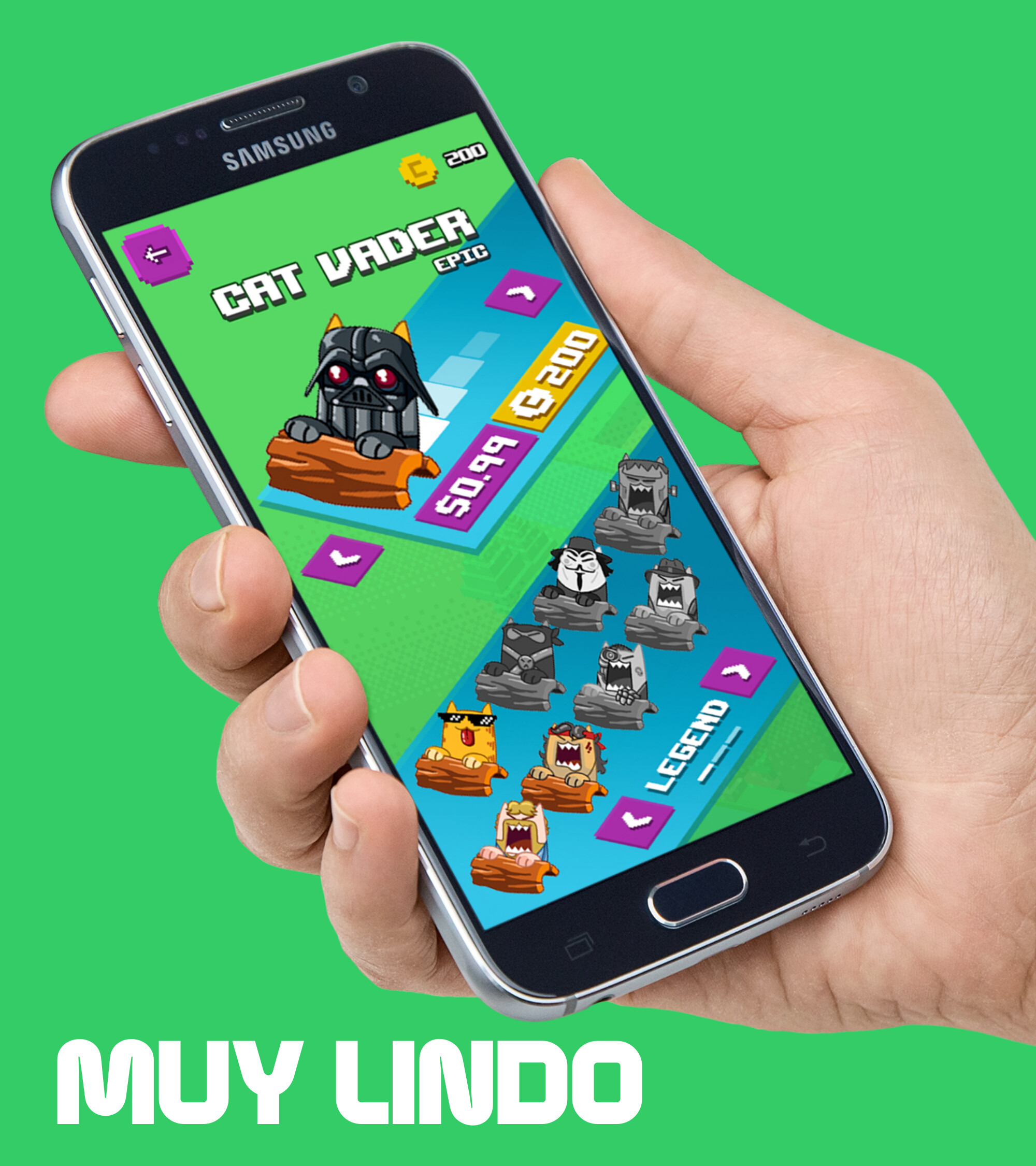 Proposed store screen: Cat Vader Epic item card priced at $0.99 or 200 diamonds, with a legend row of unlocked characters below