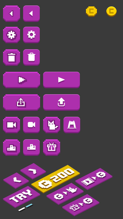 Final pixel-art button sheet with settings, delete, play, share, record, and rate icons in large and small sizes