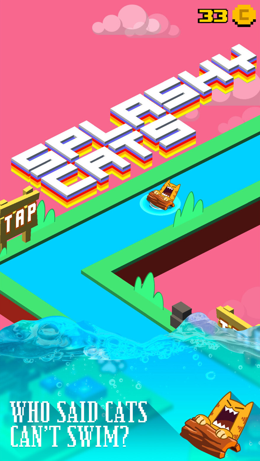 App Store screenshot: cat riding a log down a river with the Splashy Cats logo overhead and a Tap prompt