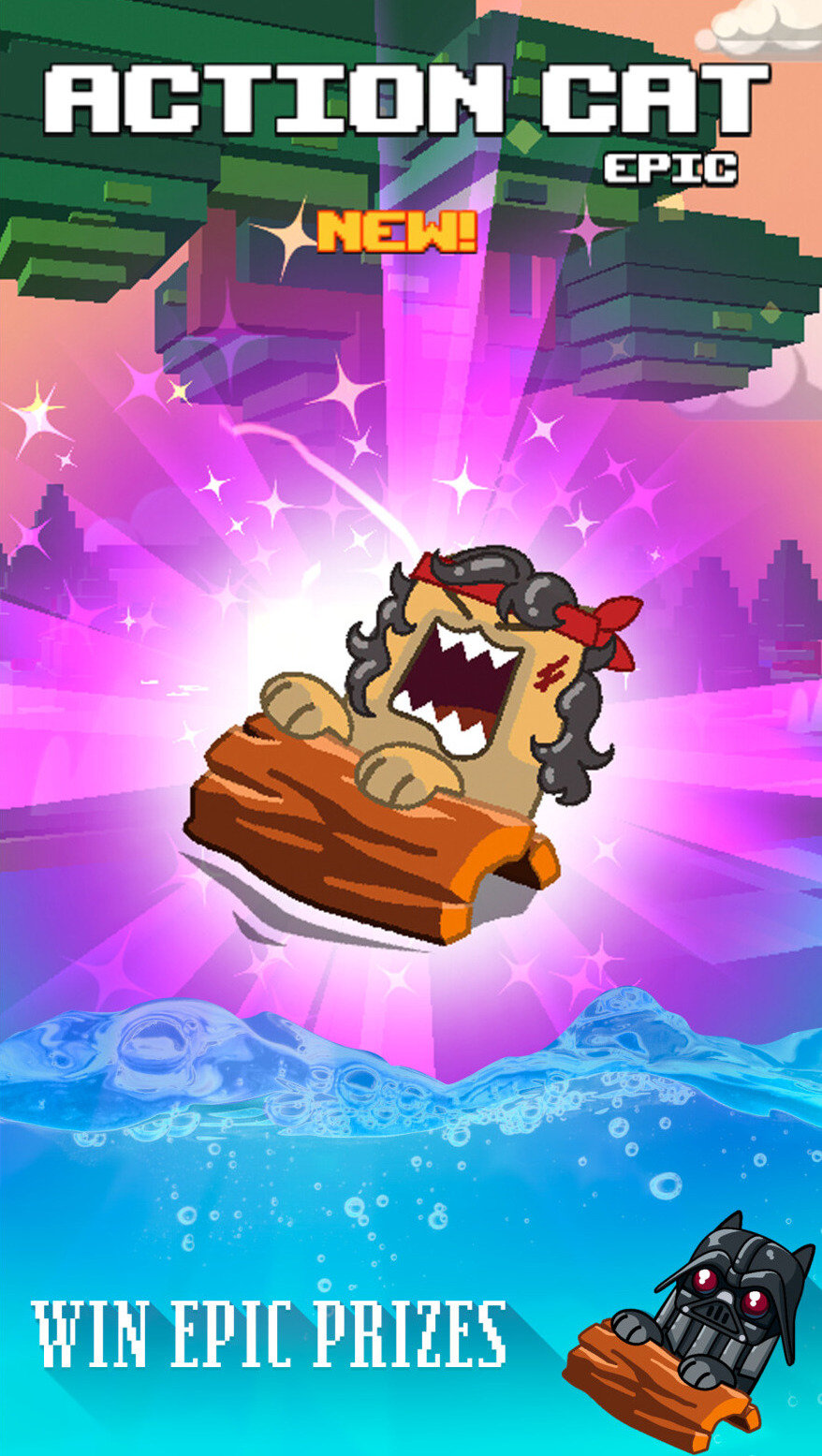 App Store screenshot: Action Cat Epic reveal card glowing with sparkles above the text Win Epic Prizes