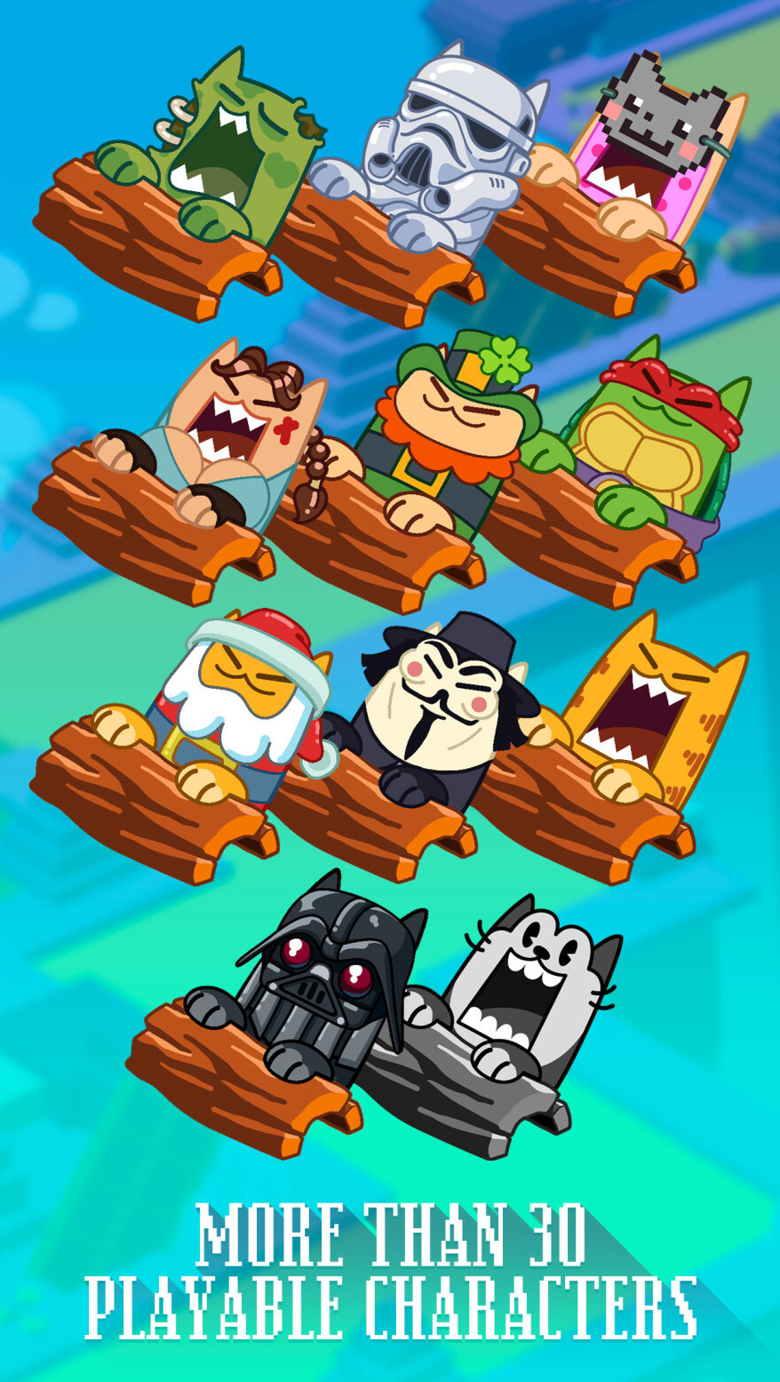App Store screenshot: grid of over thirty playable characters including Darth Vader and Guy Fawkes parody cats