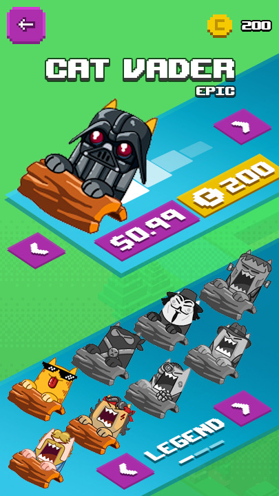 Final store screen for Cat Vader Epic, priced at $0.99 or 200 gold, with a grid of legendary characters below